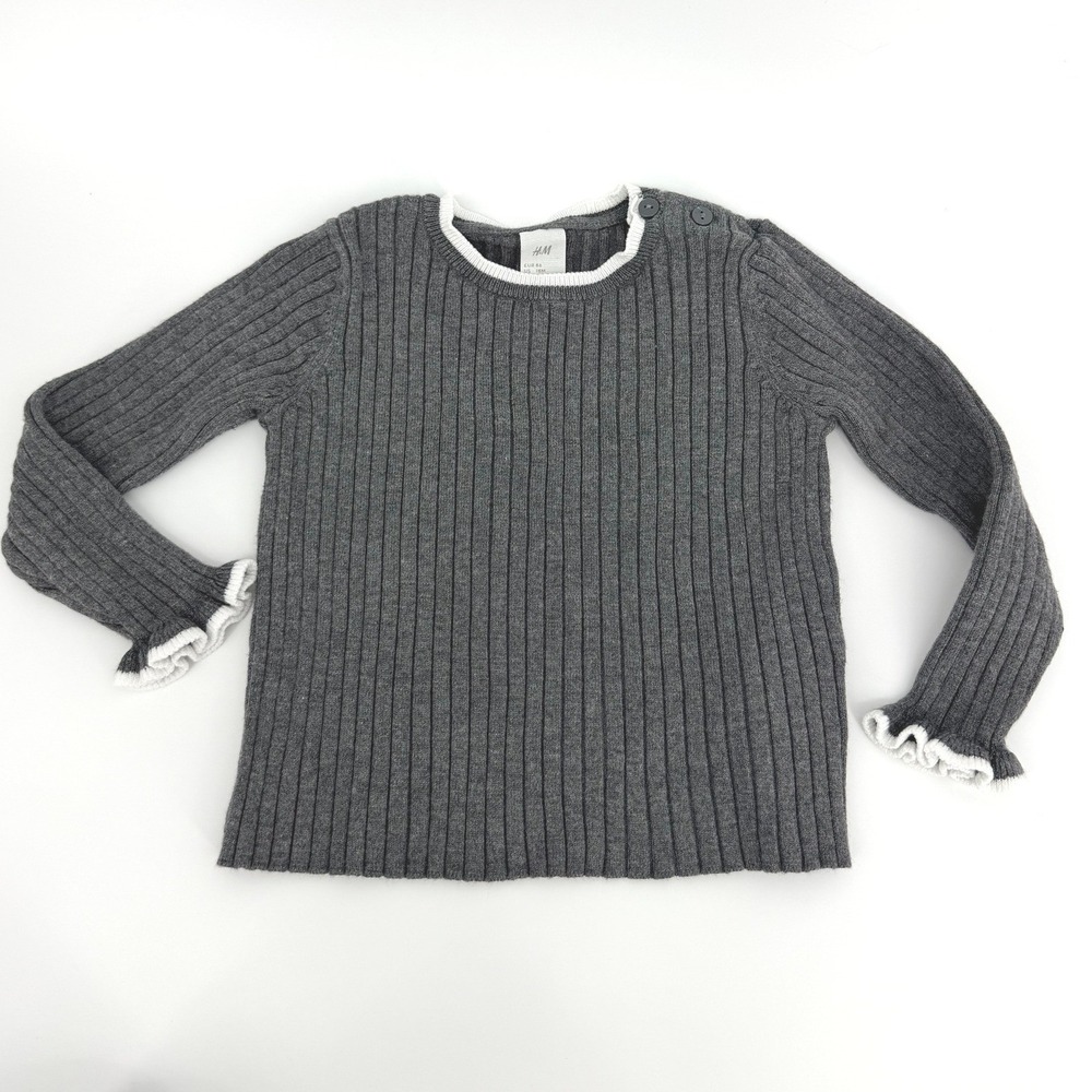 H&M Baby Girls Gray Ribbed Knit Ruffle Sleeve Top Sweater 12-18M